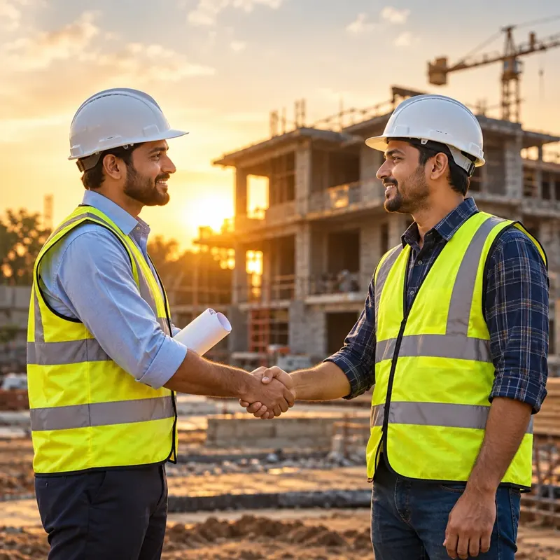 Two MMJ engineers shaking hands in front of a building under construction at sunset