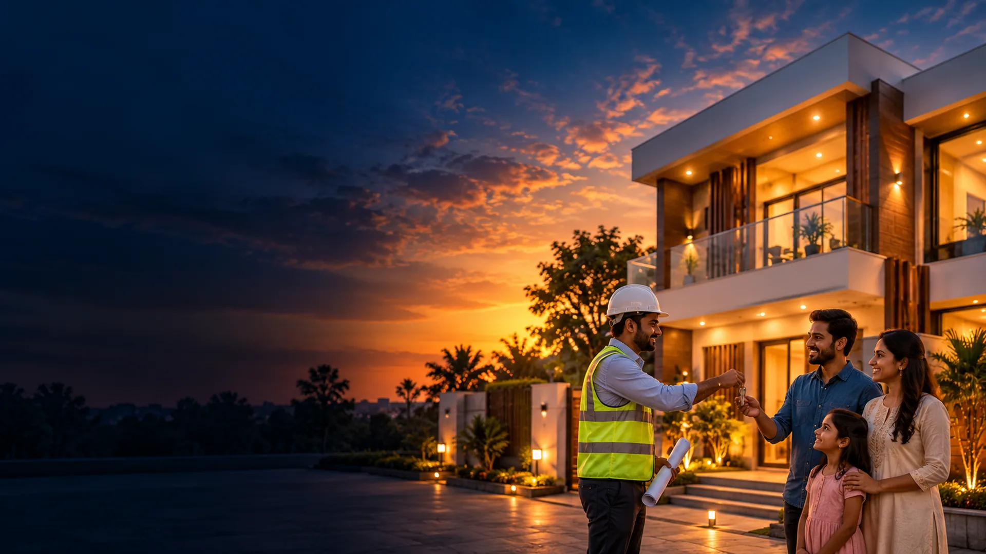 MMJ engineer handing over keys to a family in front of their new home at dusk