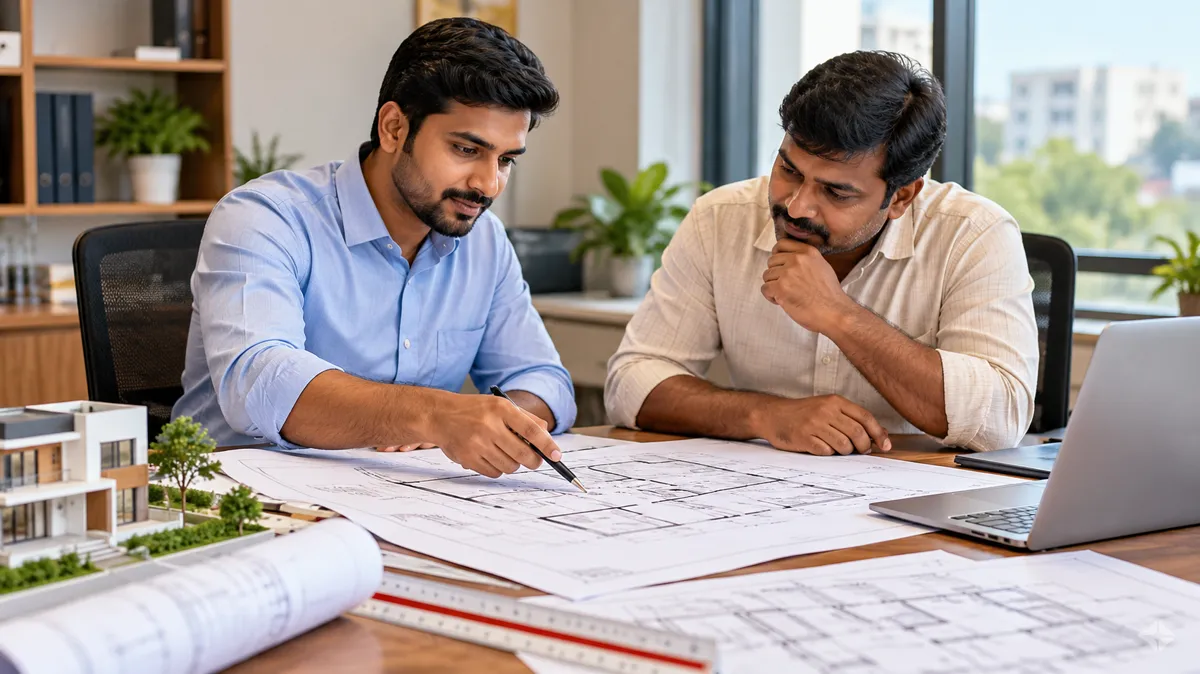 Civil engineer reviewing architectural building plans with a property owner