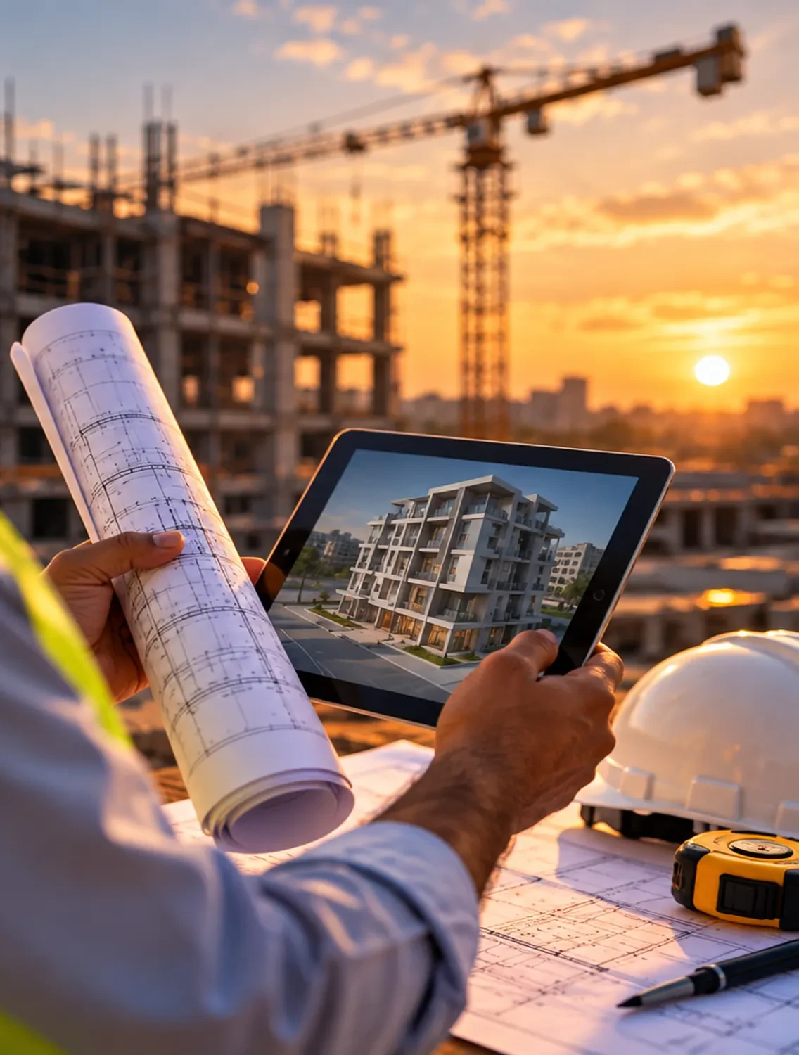 Engineer holding drawings and a 3D building model on a tablet at a construction site