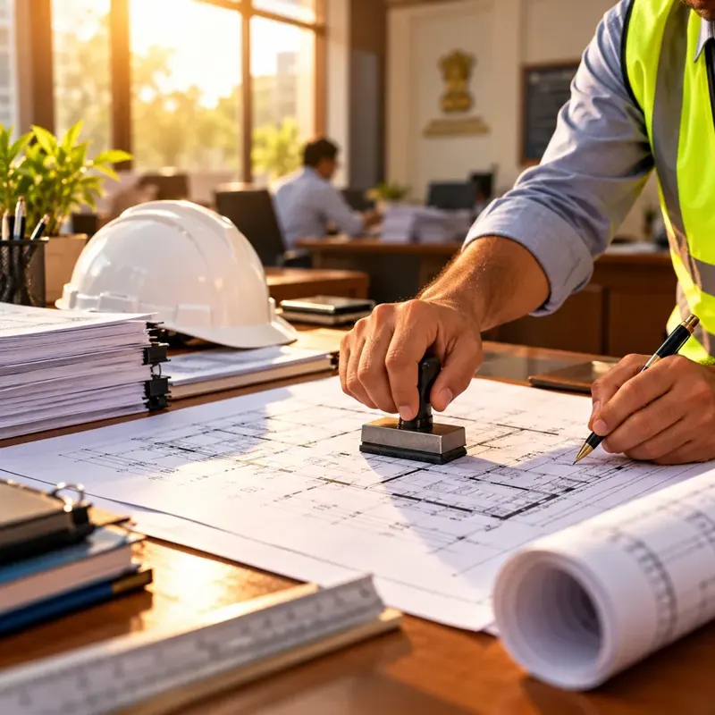 Engineer stamping and signing a building plan for approval