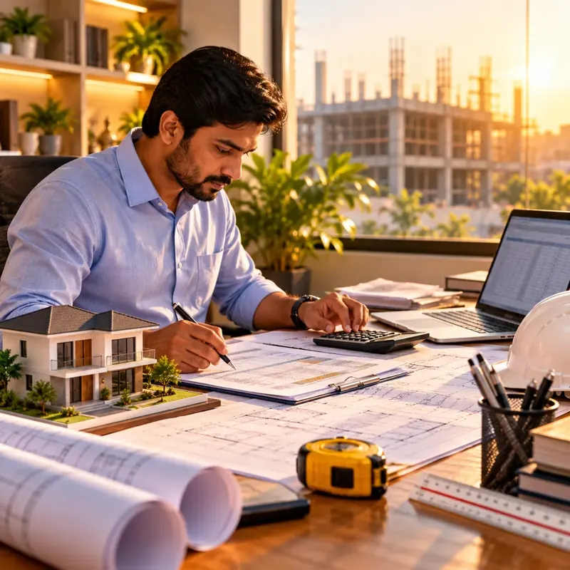 Engineer preparing a construction cost estimate at a desk with plans and a house model