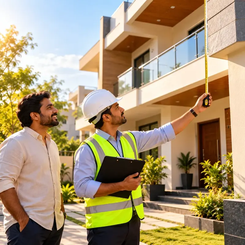Valuation engineer measuring a newly built house while the homeowner looks on