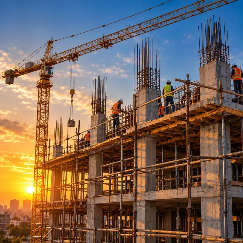 Workers on a reinforced-concrete building under construction with a tower crane at sunset