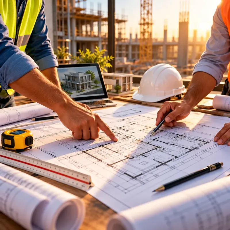 Engineers pointing at a building floor plan with a 3D model and scale house model on the table