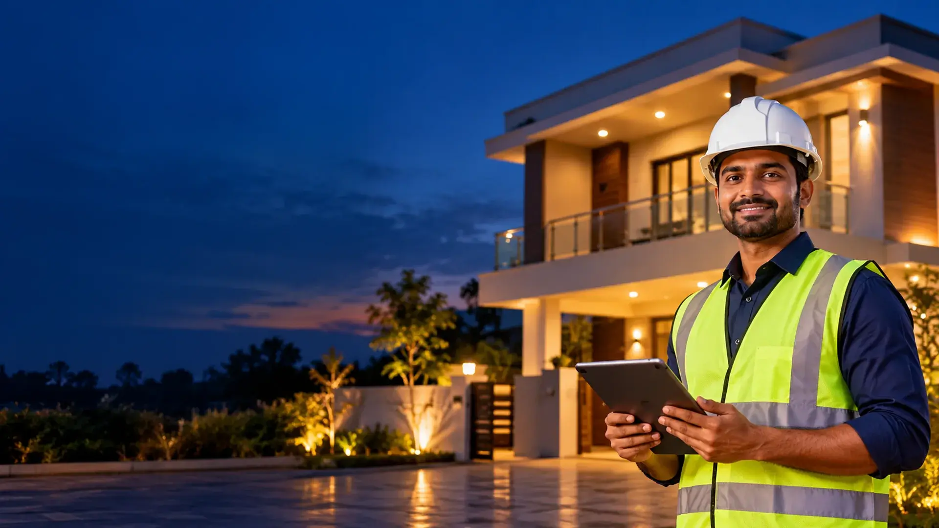 MMJ engineer with a tablet in front of a completed modern house at dusk