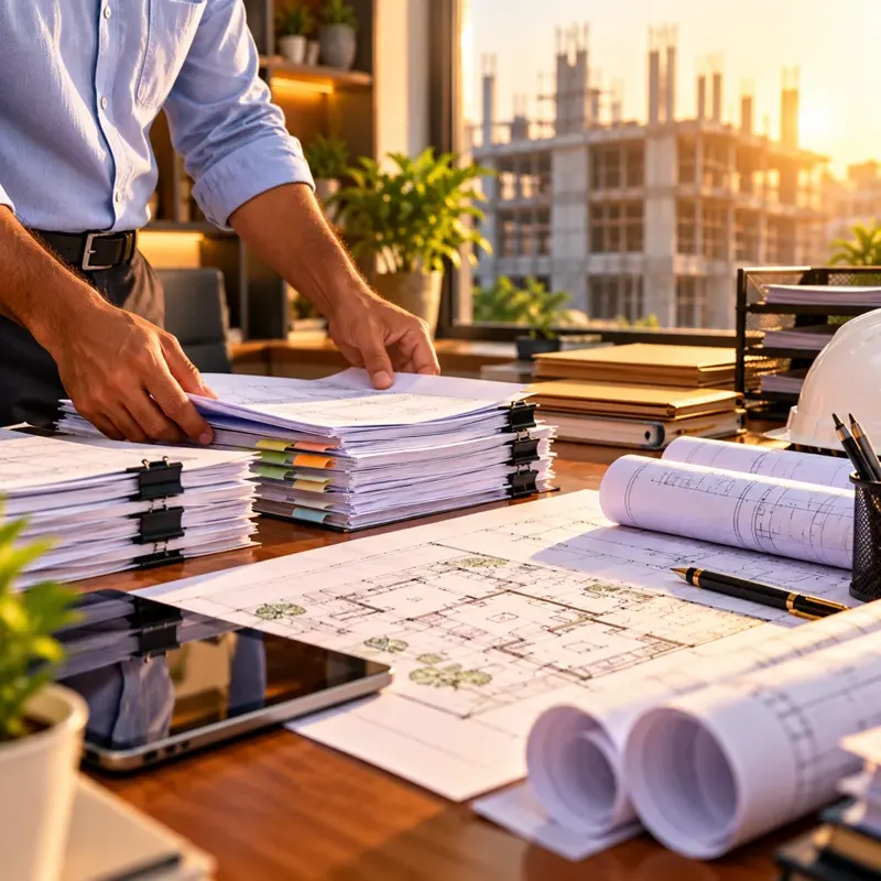 Professional arranging organized project documents and drawings on a desk