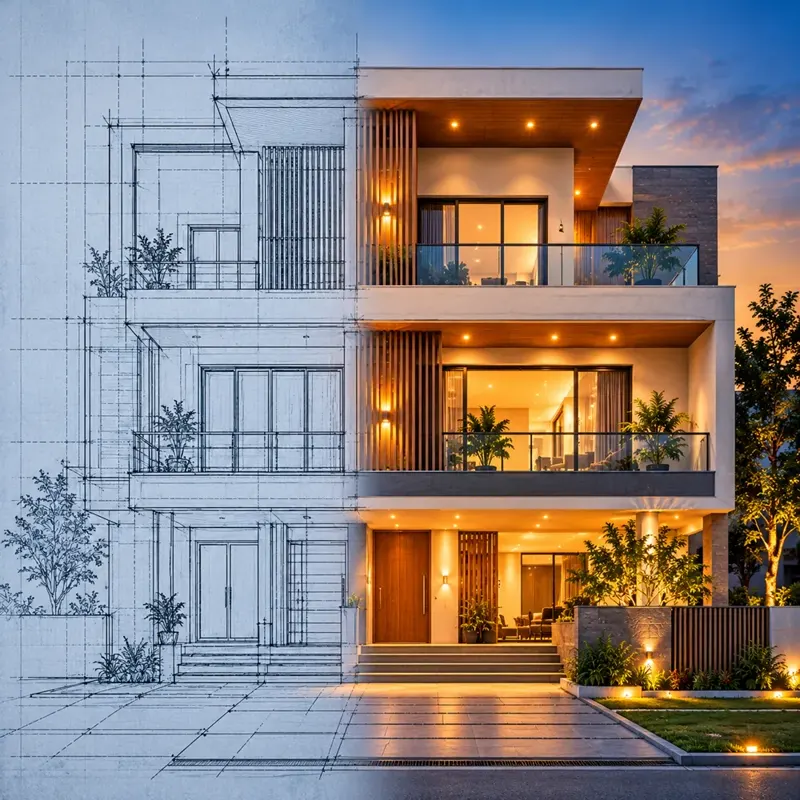 Building elevation drawing transitioning into the finished facade